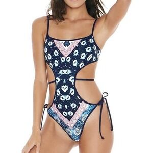 Navy and Pink Cutout One-Piece Swimsuit